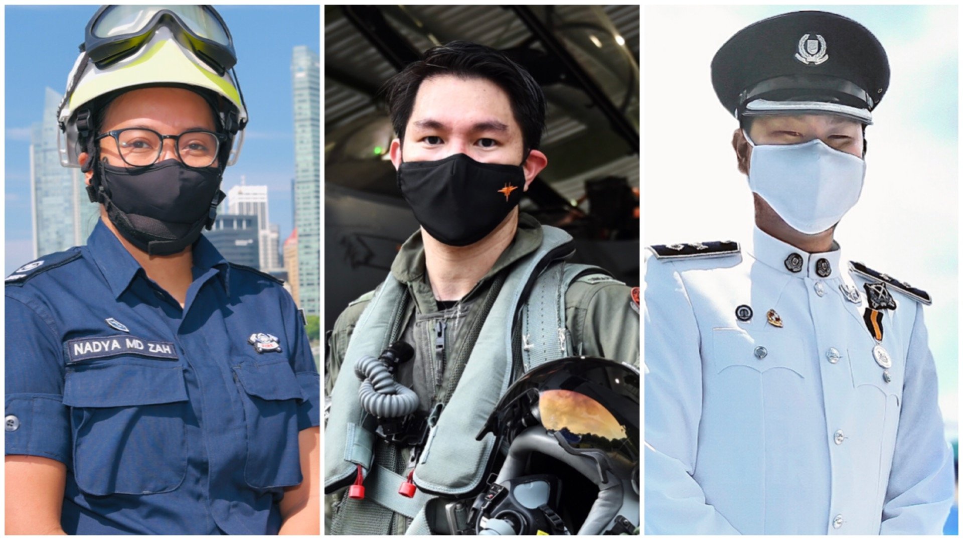 WO1 Nadya Binte Mohamed Zah from the SCDF, MAJ Muhammad Iskandar Dzulfadhli Bin Abdul Rahman from the RSAF, and DSP Gregory Kang from the Singapore Police Force are proud to be part of the ceremonial parade at The Float @ Marina Bay.