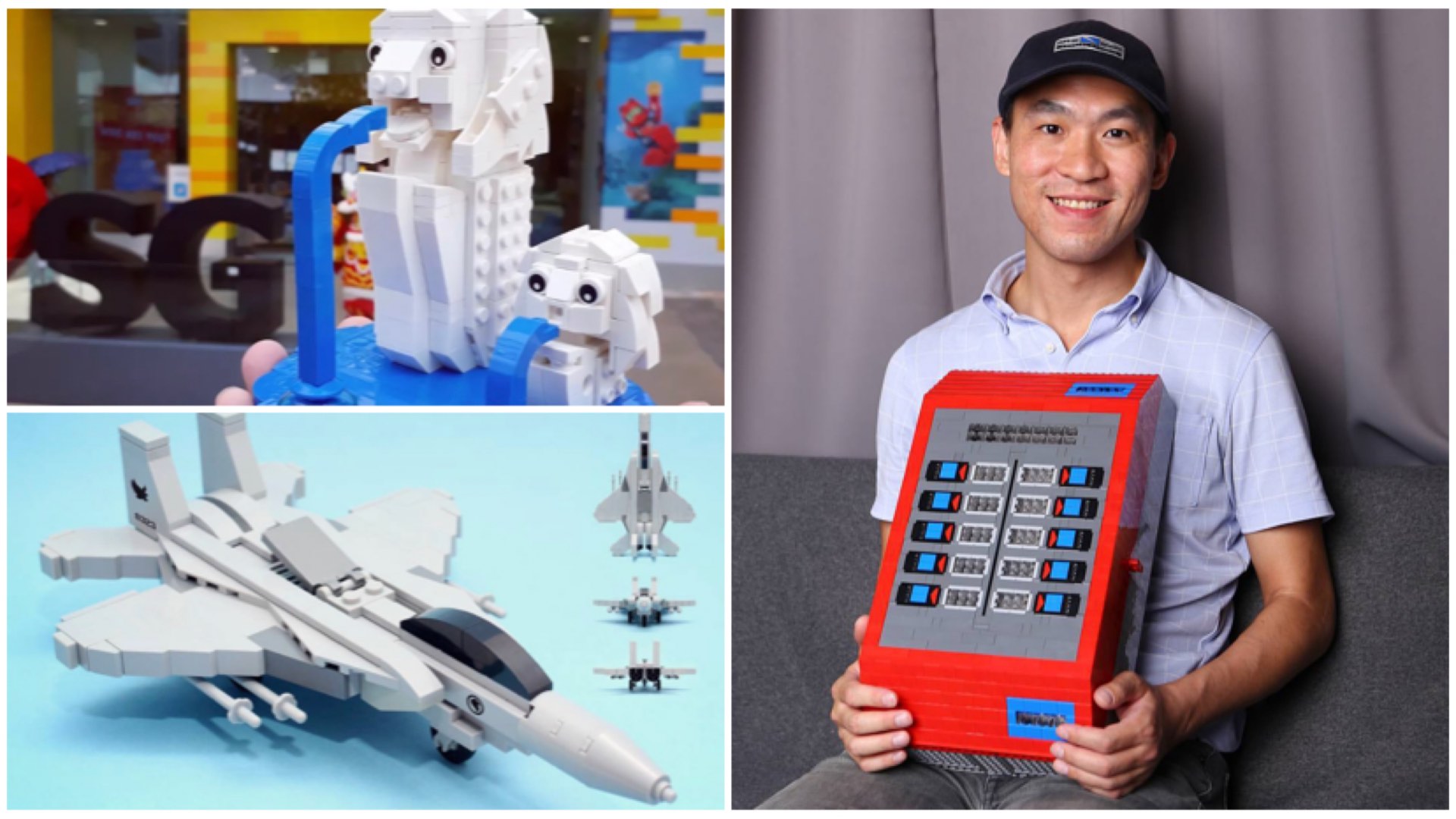 Some of Jeffrey Kong's locally inspired creations include the Merlion, RSAF F-15SG, and the old TransitLink fare machine.