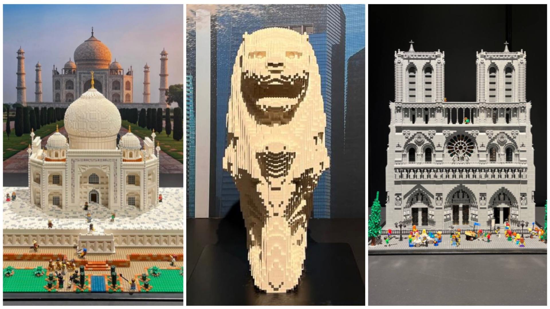 Exhibition at Science Centre Singapore features Lego sculptures of the Taj Mahal, Merlion, and Notre Dame.