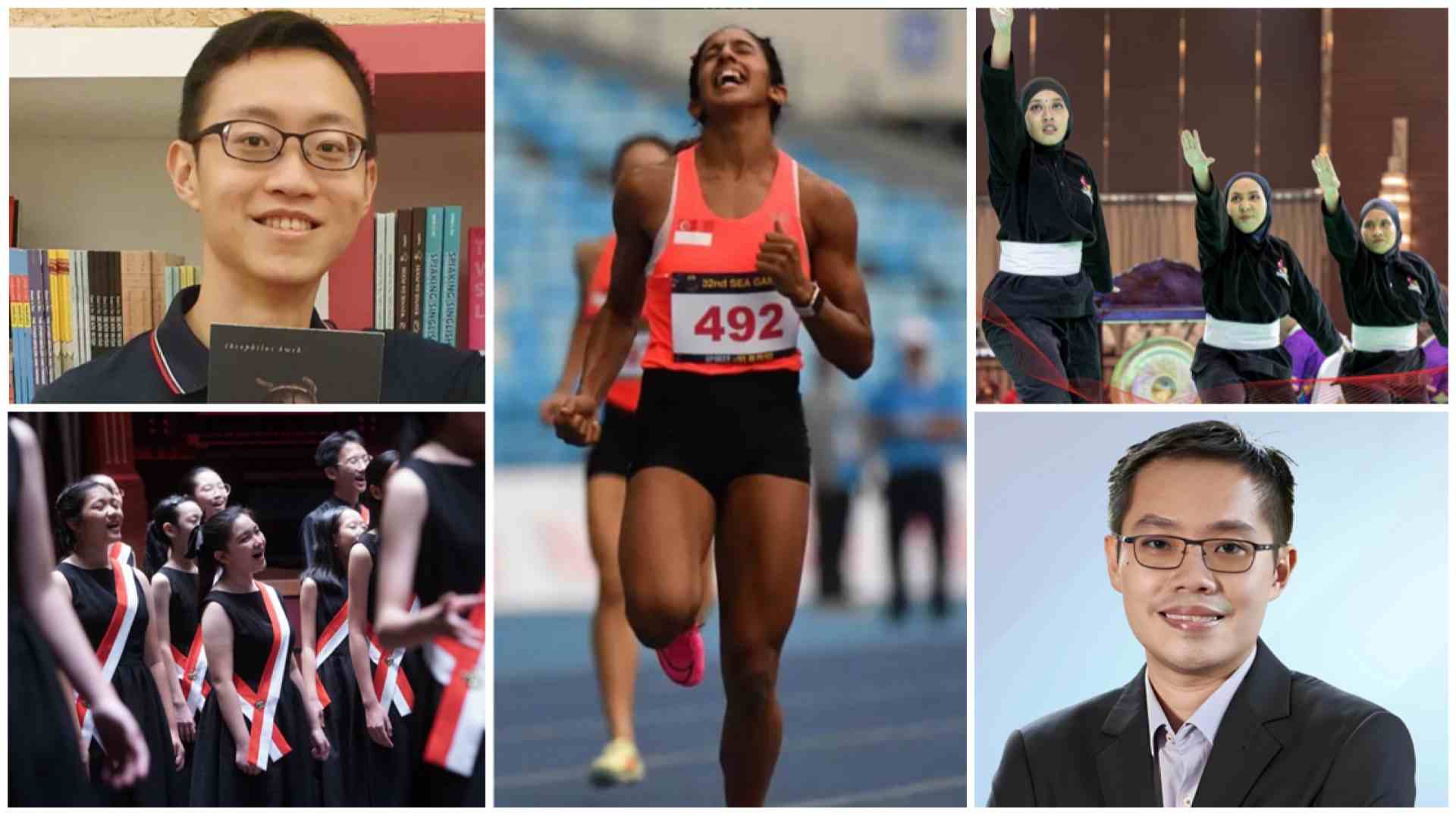Theophilus Kwek, sprinter Shanti Pereira, Team Singapore's women's silat team, scientist Associate Professor Koh Ming Joo, and the Voices of Singapore Children's Choir.
