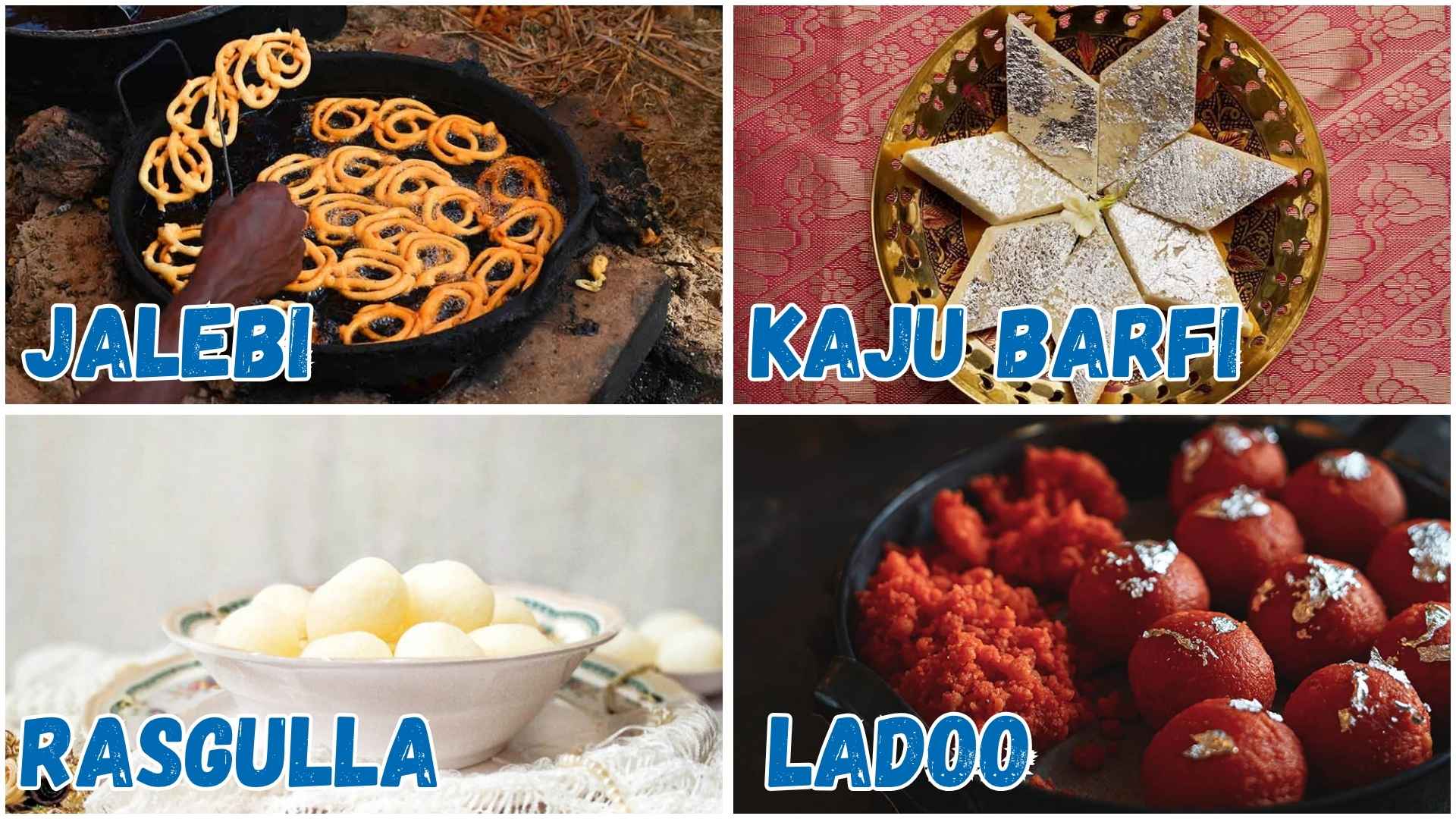 Indian mithai desserts like jalebi, laddoo and other sweet treats.