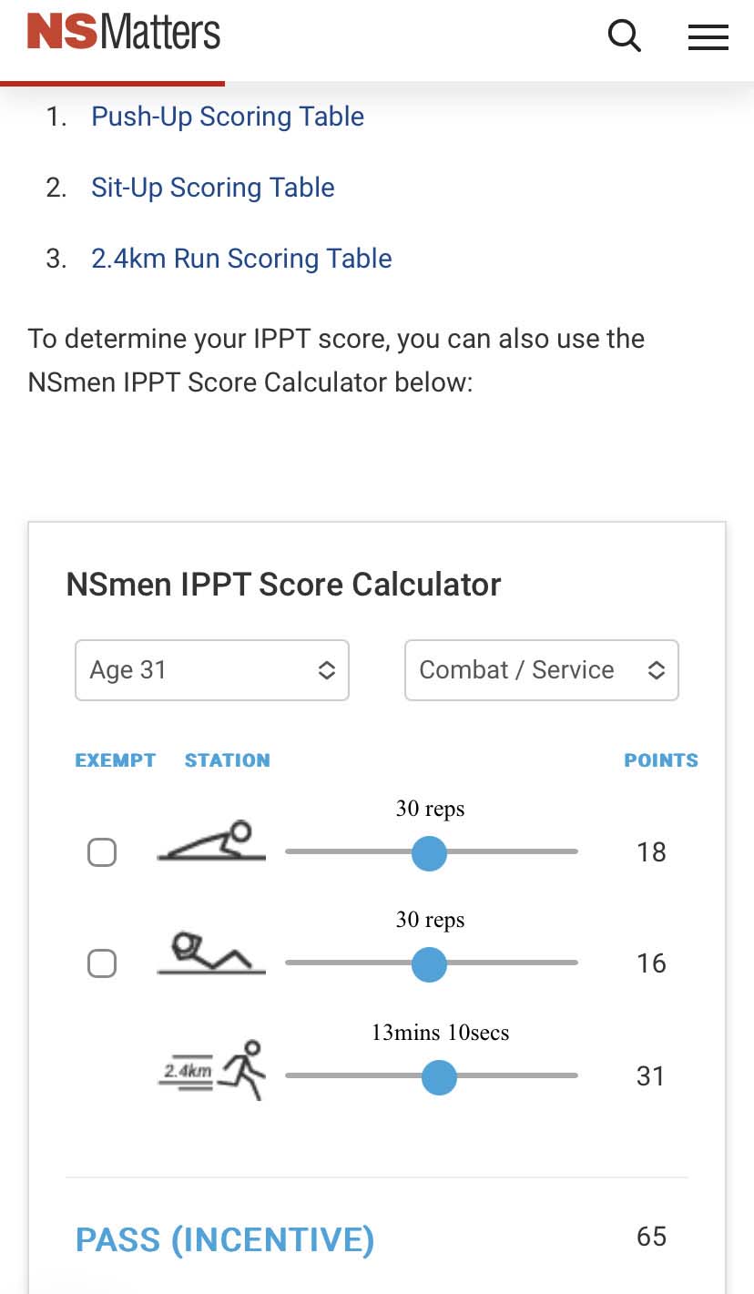  NSmen IPPT (Individual Physical Proficiency Test) score calculator
