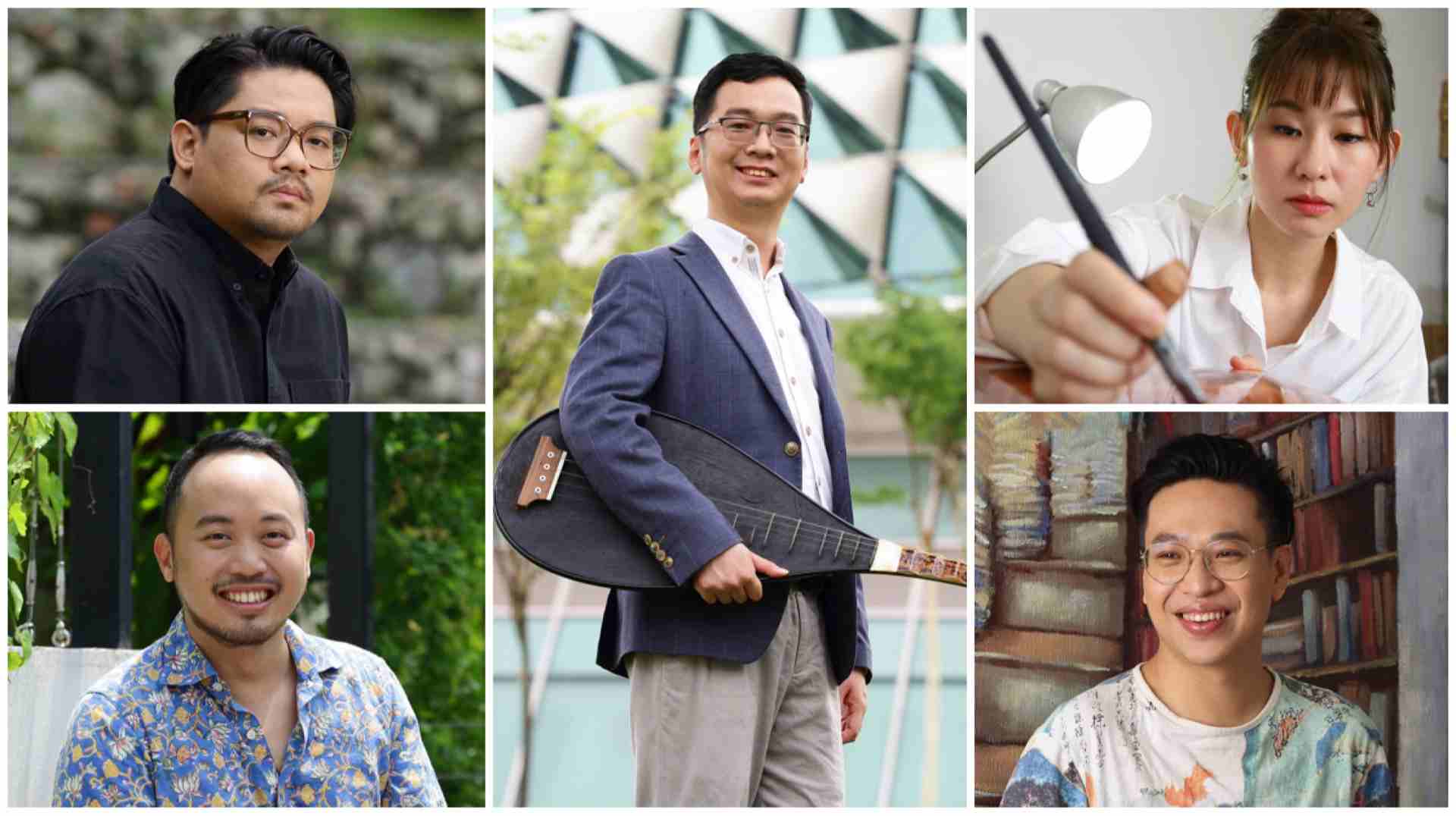 2023 Young Artist Award (YAA) Recipients: Cinematographer Shyan Tan, composer Wang Chen Wei, visual artist Melissa Tan, poet Daryl Lim, and composer Julian Wong.