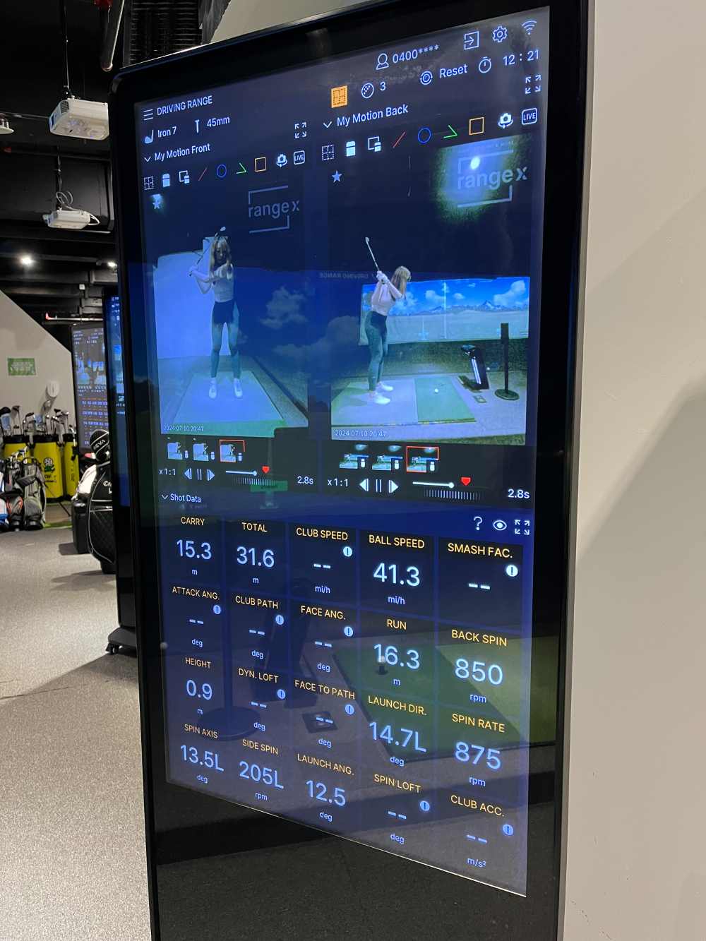 RangeX indoor golf simulator screen analyzing a golf swing. 