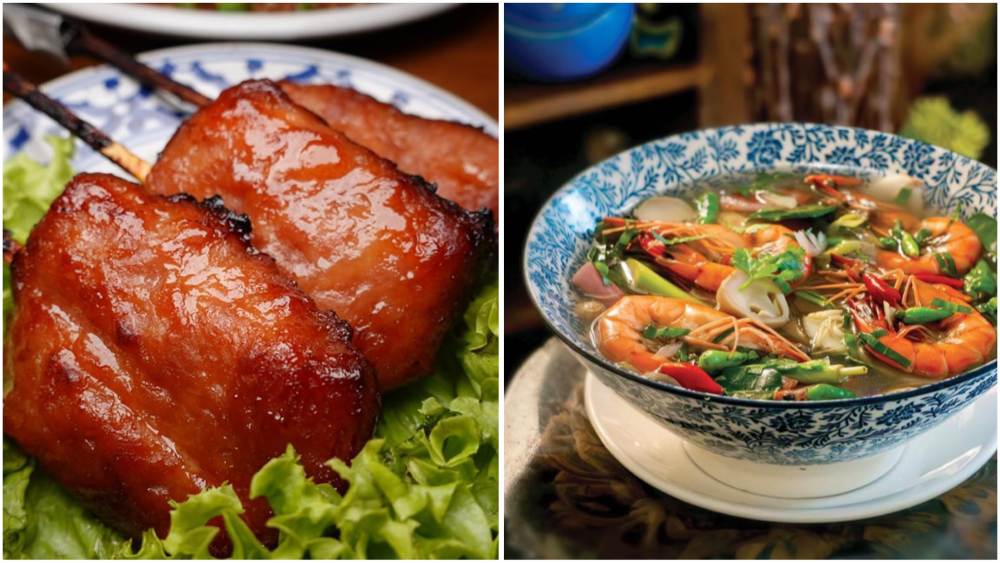 Thai grilled pork skewers, commonly known as Moo Ping, paired with a bowl of Tom Yum soup.