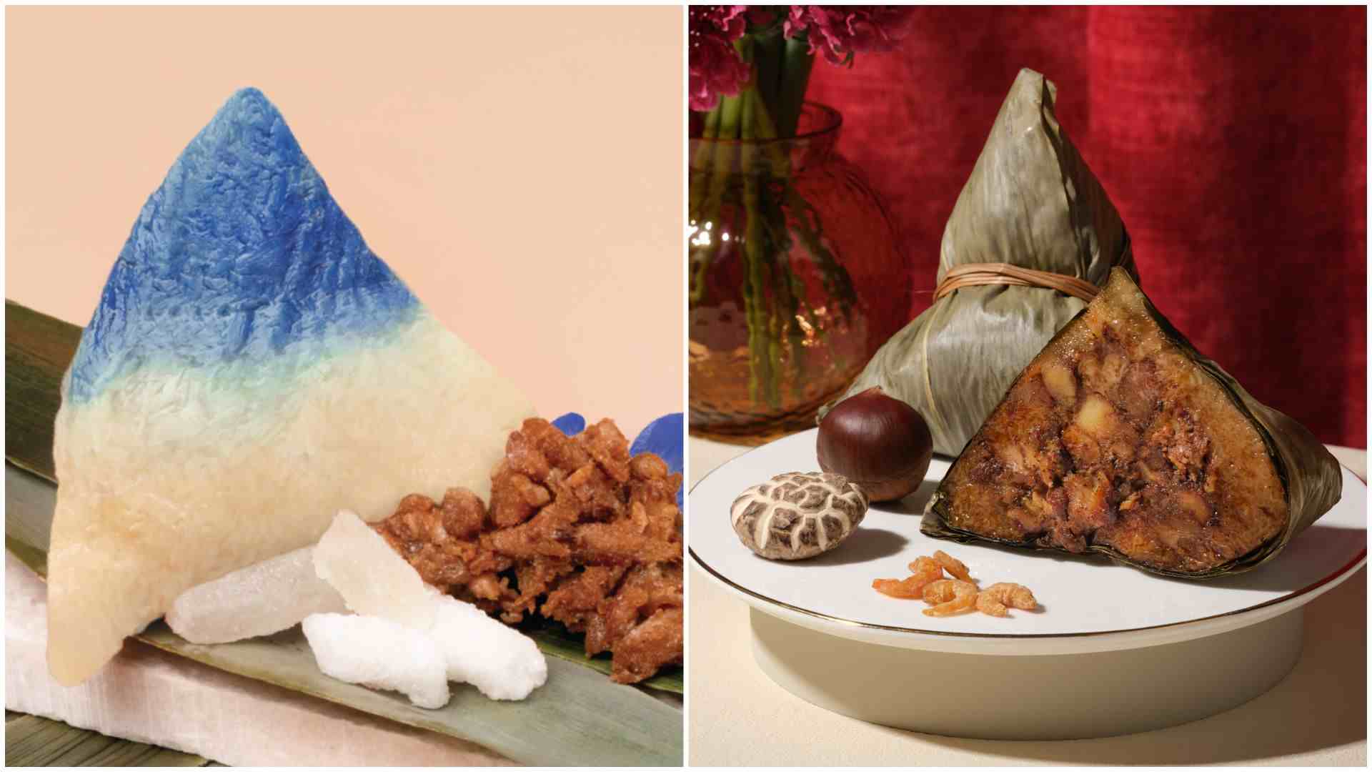 Joo Chiat Kim Choo's Blue Pea Nyonya Rice Dumplings (left) and Man Fu Yuan's Traditional Hokkien-Style Premium Rice Dumpling.