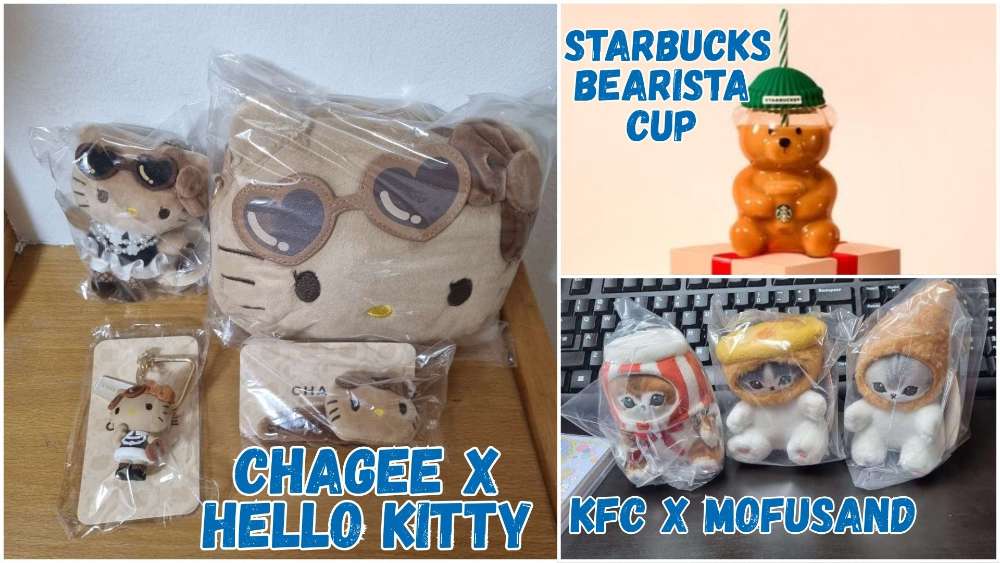 All those hours of queueing were worth it for the adorable merch I managed to get: Chagee x Hello Kitty, Starbucks Bearista Cup, KFC x Mofusand.