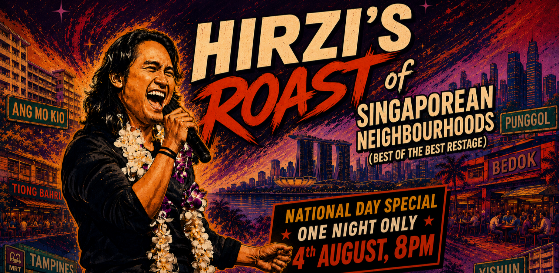 It's Hirzi's Roast of Singaporean Neighbourhoods Things to do on 4 Aug: It's Hirzi's Roast of Singaporean Neighbourhoods, at Blu Jaz.