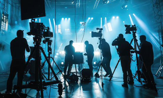 Professional filmmaking crew working behind the scenes in a large production studio.